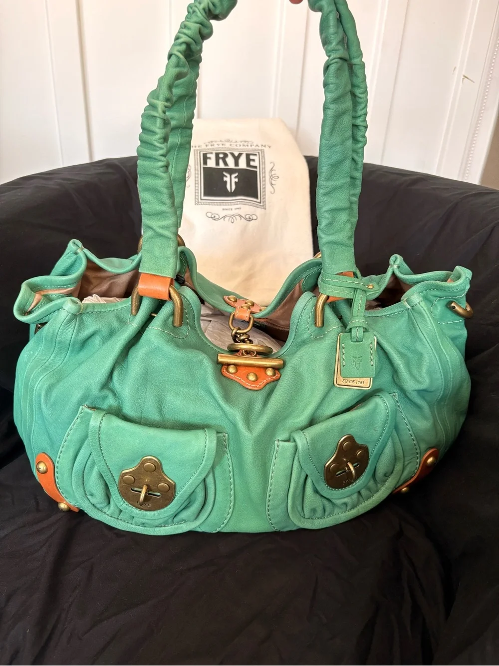 RARE Y2K Frye Turquoise Leather Ruched-Handle Shoulder Bag with Brass Hardware